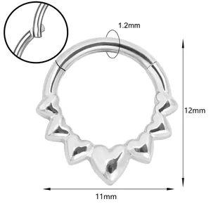 Silver 316L surgical steel heart clicker nose ring with five 3D hearts and 1.2mm gauge
