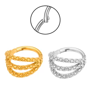 Three-layer braided 316L stainless steel hinged segment nose rings in gold and silver