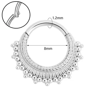 Silver 316 stainless steel hinged septum ring with 8mm inner diameter and tassel beads