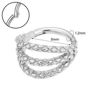 Silver 8mm stainless steel triple layered clicker nose ring with braided texture