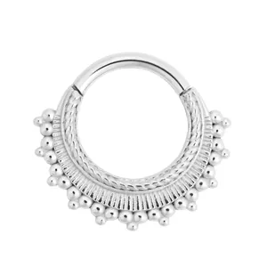 Polished silver stainless steel septum clicker ring with fan-shaped textured bead detail