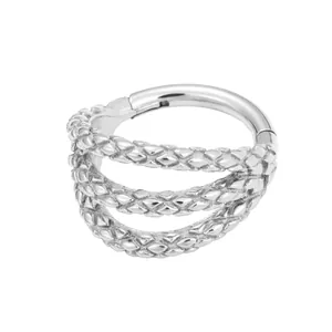 Three-layer braided 316 stainless steel hinged clicker ring in polished silver finish
