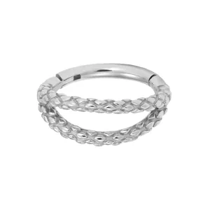 Polished silver stainless steel hinged clicker nose ring with braided textured double hoop