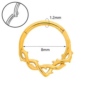 Gold 316 stainless steel hinged vine clicker nose ring with 8mm inner diameter