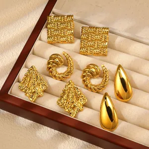 Set of four 18K gold plated stainless steel earrings with woven and teardrop textures