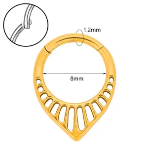 Gold 316 stainless steel teardrop clicker ring for nose or ear piercing 1.2x8mm