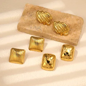 Three 18K gold-plated stainless steel earrings with striped and quilted textures on stone