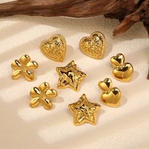 18K gold plated stainless steel earrings set featuring textured heart, flower, and star shapes