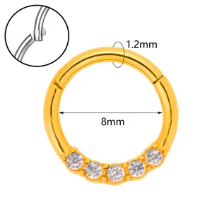 Gold 316 stainless steel hinged clicker ring with five clear zircons 1.2mm x 8mm