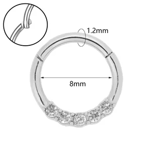 Silver 316L stainless steel clicker nose ring with 5 zircons, 1.2mm gauge and 8mm diameter