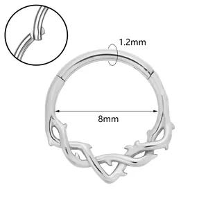 Silver stainless steel hinge nose ring with vine design, 1.2mm gauge and 8mm inner diameter