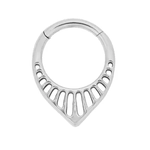 Polished stainless steel septum clicker ring with intricate filigree teardrop design
