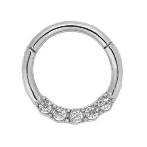 Hinged 316L stainless steel nose ring clicker with five inlaid sparkling zircons