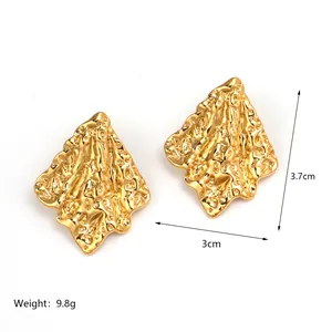 18K gold plated stainless steel chunky teardrop earrings with irregular wrinkled texture