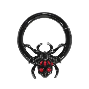 Hinged black stainless steel nose hoop featuring a red-eyed spider design element