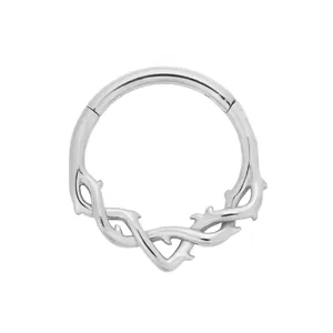 Polished silver 316L stainless steel hinged hoop ring with vine thorn design details