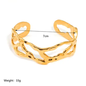 18K gold plated stainless steel cuff bracelet with irregular organic branch texture