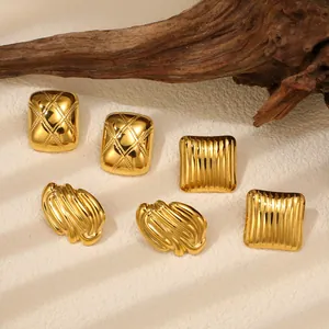 Vintage 18K Gold Plated Stainless Steel Earrings Textured Striped Quilted Geometric Stud Earrings For Women Jewelry Gift
