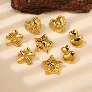 Textured 18K gold plated stainless steel earring set with heart, flower, and star motifs
