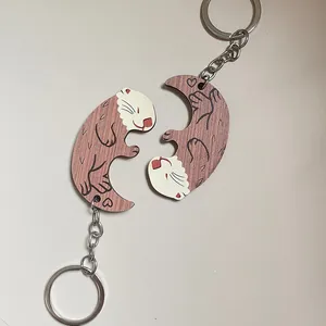 Creatieve Houten Otter Koppel Puzzel Sleutelhanger In elkaar grijpende Dieren Sleutelring Voor Valentijnsdag Cadeau