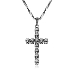 Collier croix crâne gothique punk pour homme avec chaîne box en acier vintage