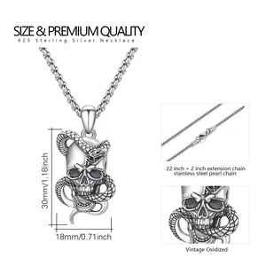 Pendentif vintage crâne et serpent en argent 925 avec chaîne collier en acier inoxydable