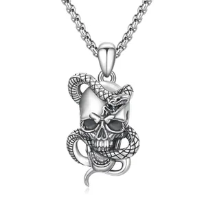 Collier Pendentif Crâne Et Serpent Gothique Vintage Pour Hommes Femmes Chaîne En Acier Inoxydable Bijoux Punk Halloween