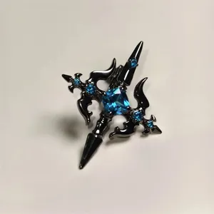 Gothic cross and dagger earring with blue crystal and square rhinestone in gun black