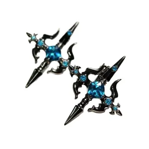 Gothic black metal cross earrings with square blue rhinestones for cosplay fashion