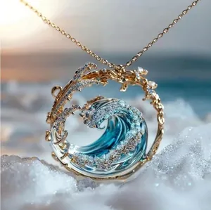 Künstlerischer Meerwellen Schmuck Zinklegierung Harz Blau Wasserwelle Zirkonia Halskette Ohrringe Ring Für Damen Strand Urlaub Mode Accessoire