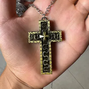 Vintage gold double cross necklace with engraved snake texture and silver chain