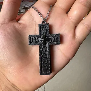 Vintage gothic openwork double-layer cross necklace with snake texture in antique black finish