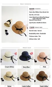Detail view of foldable straw sun hat with black bow ribbon in multiple color options