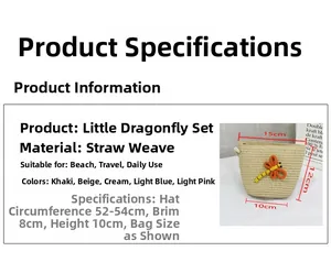 Dimensions du sac en paille et chapeau libellule pour enfant, idéal pour la plage