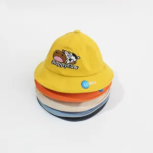 Kids cotton bucket sun hats with cute cow embroidery in multiple vibrant colors