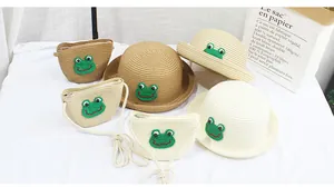 Conjunto de sombrero de paja y bolso bandolera para niños con lindos parches de rana