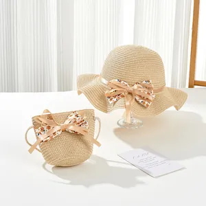 Sommer Strohhut und Taschen Set für Mädchen mit floralen Schleifen für Strand Sonnenschutz