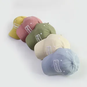 Five kids cotton baseball caps with Family embroidery in diverse soft pastel colors