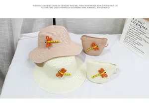 Ensemble chapeau de paille et sac assorti pour enfants avec patchs libellule