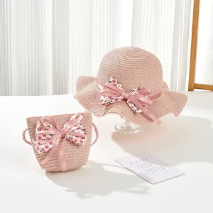 Sommer Strohhut und Taschen Set für Mädchen mit rosa Schleife für den Strandurlaub