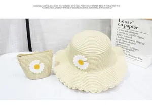 Kids cream straw hat and matching bag set with daisy appliques and wavy edges
