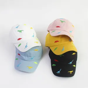 Childrens cotton baseball caps with dinosaur embroidery in white blue pink yellow and black