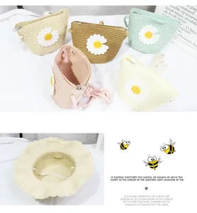 Detail of straw hat and matching flower crossbody bags in five assorted pastel colors