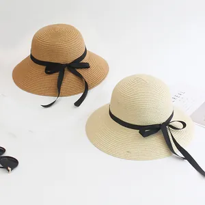 Women Summer Sun Straw Hat With Black Satin Ribbon Bow Foldable Wide Brim Beach Hat For Sun Protection Vacation Travel
