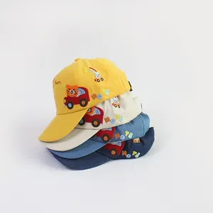 Kids cotton baseball caps with cartoon bear embroidery in four vibrant colors