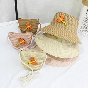 Chapeau de Soleil de Plage en Paille de Papier Libellule pour Filles Et Petit Sac Bandoulière Accessoires de Tête à Bord Large