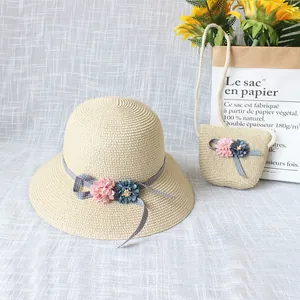 Sommer Papierstrohhut Und Umhängetasche Set Für Damen Kinder Süß Blumen Sonnenschutz Faltbar Strand Geflochten Hut