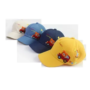 Set of 4 colorful children's baseball caps with cute bear driving a car embroidery