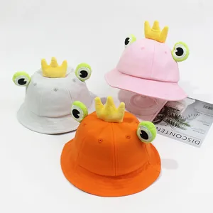 Chapeau Bob Roi Grenouille pour Enfants en Mélange de Coton Dessin Animé Protection Solaire Plage Extérieur Avec Couronne Et Yeux Pour Garçons Filles