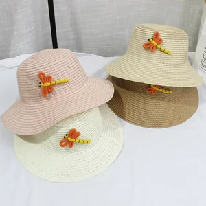 Ensemble de chapeaux de paille pour enfants avec accents libellule en rose et beige